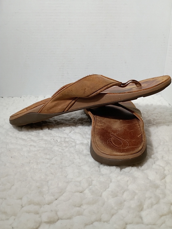 OluKai Tauhine Sandals Mens 13 Brown Leather Flip Flops Comfort Beach